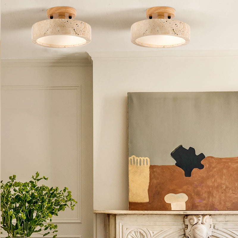 Modern Round Ceiling Light with Rustic Wooden Base