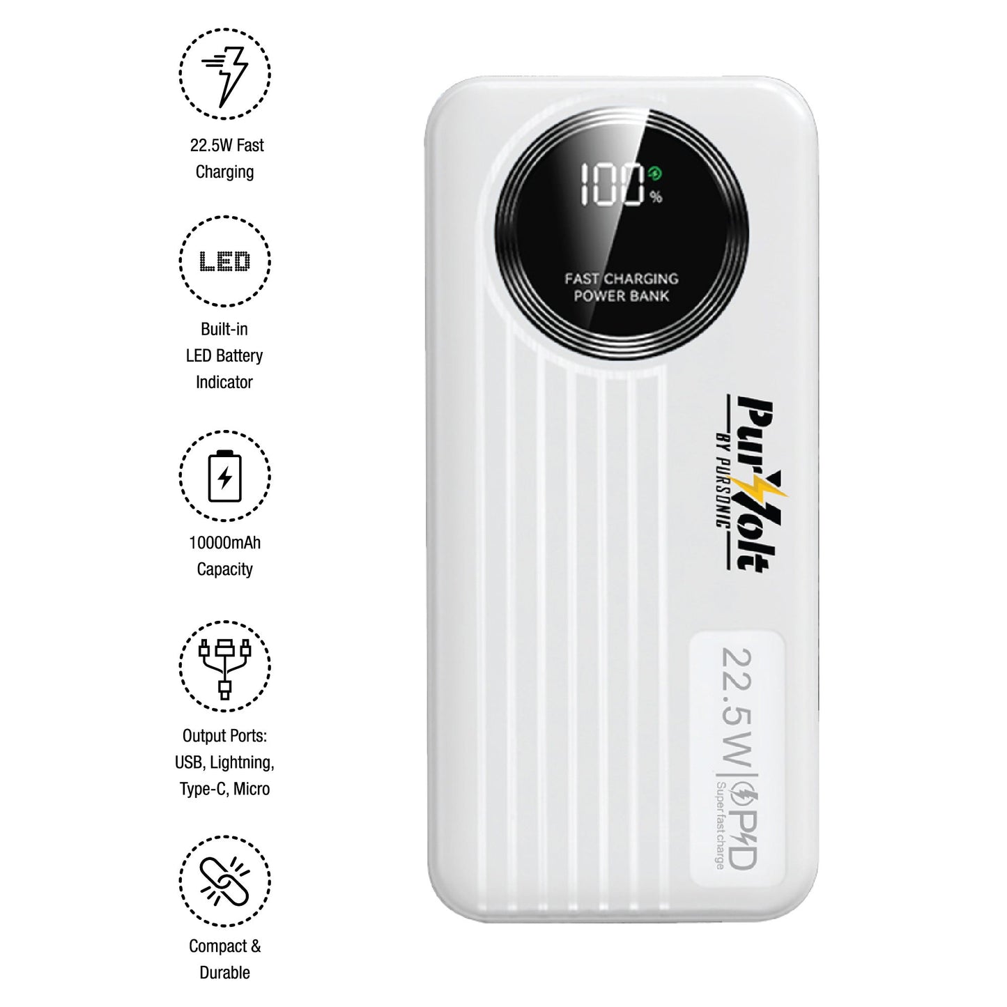 10,000mAh LED Power Bank with Built-in Cables – 22.5W Fast Charging, Type-C/USB/Lightning