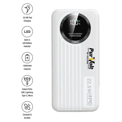 10,000mAh LED Power Bank with Built-in Cables – 22.5W Fast Charging, Type-C/USB/Lightning