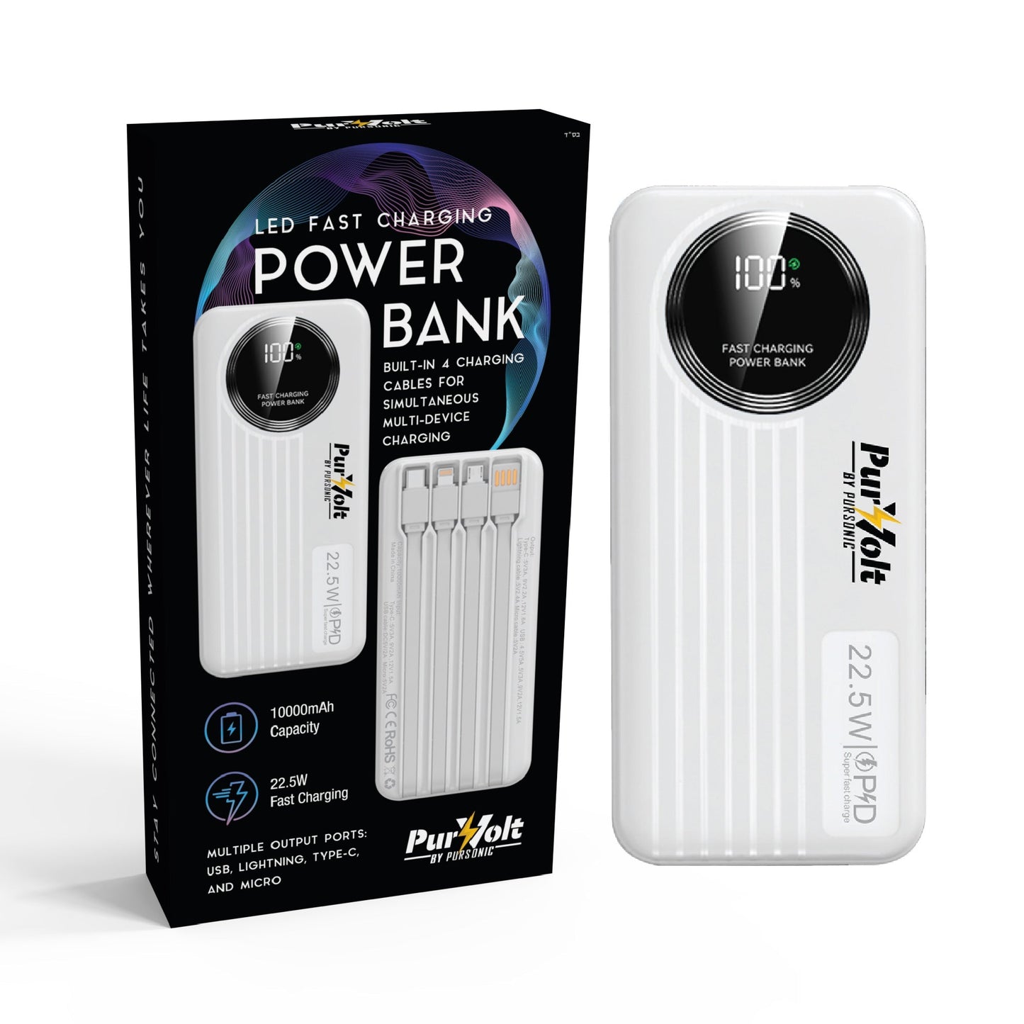 10,000mAh LED Power Bank with Built-in Cables – 22.5W Fast Charging, Type-C/USB/Lightning