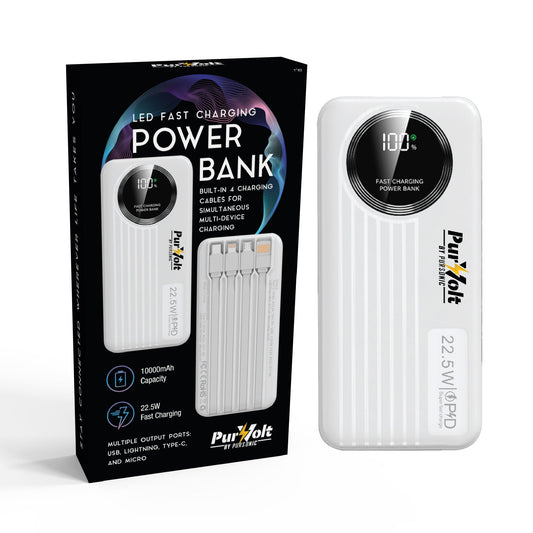 10,000mAh LED Power Bank with Built-in Cables – 22.5W Fast Charging, Type-C/USB/Lightning