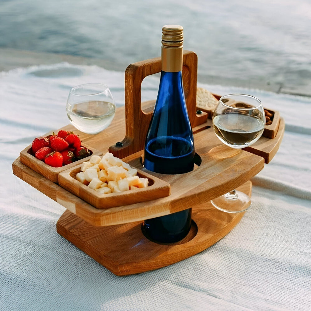 Portable Wooden Outdoor Table with Wine Holders - Easy Fold Design
