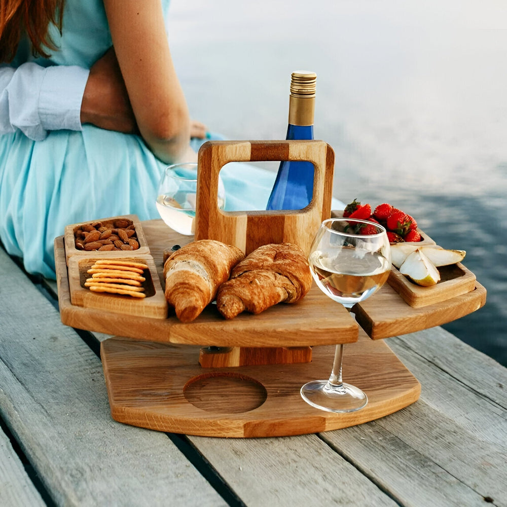 Portable Wooden Outdoor Table with Wine Holders - Easy Fold Design