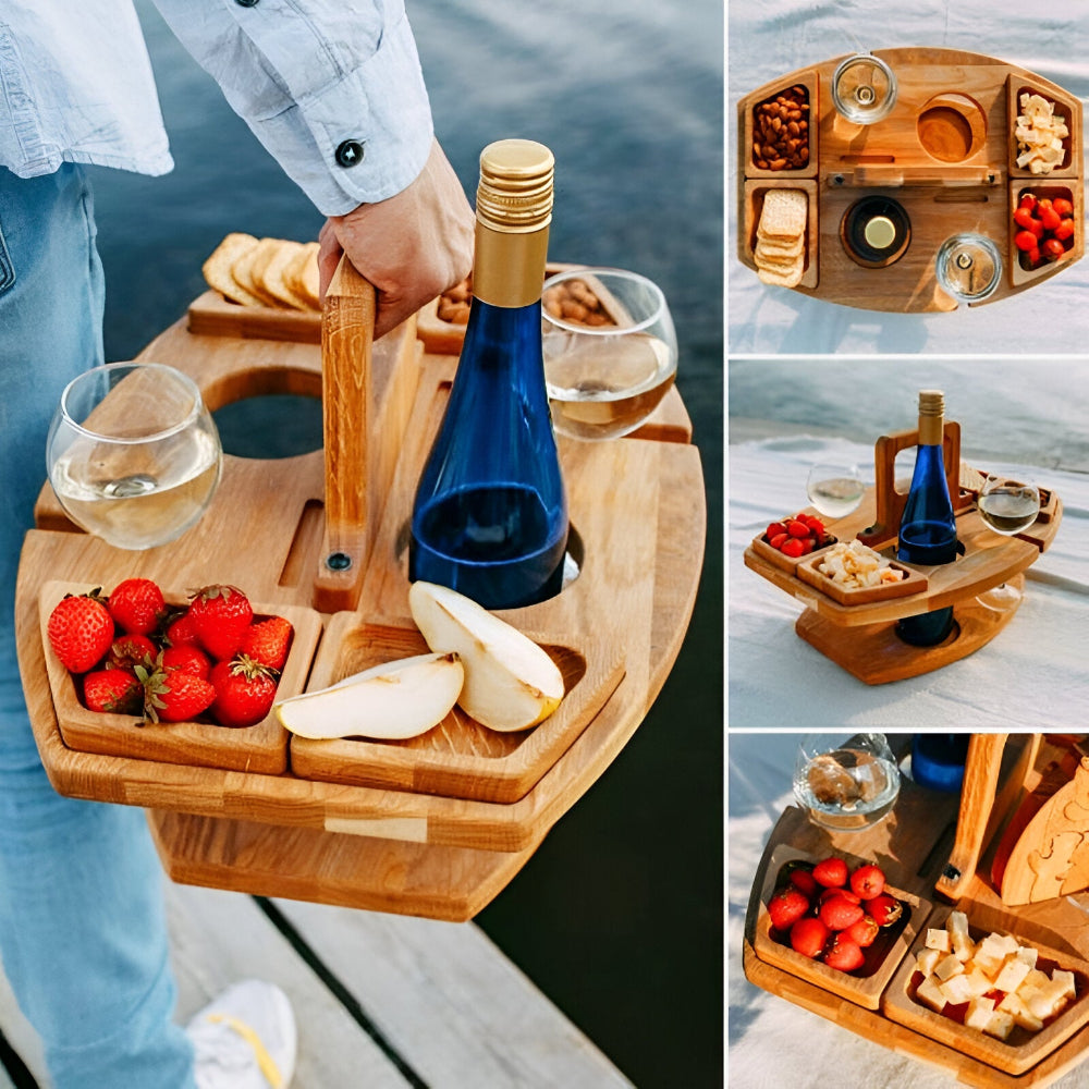Portable Wooden Outdoor Table with Wine Holders - Easy Fold Design