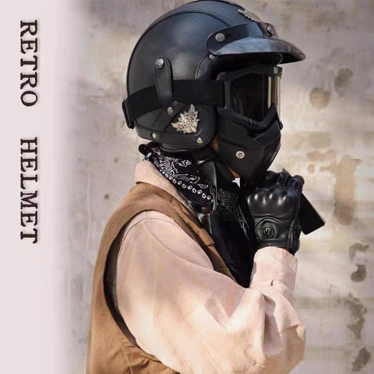 Vintage Open-Faced Motorcycle Helmet with Adjustable Goggles