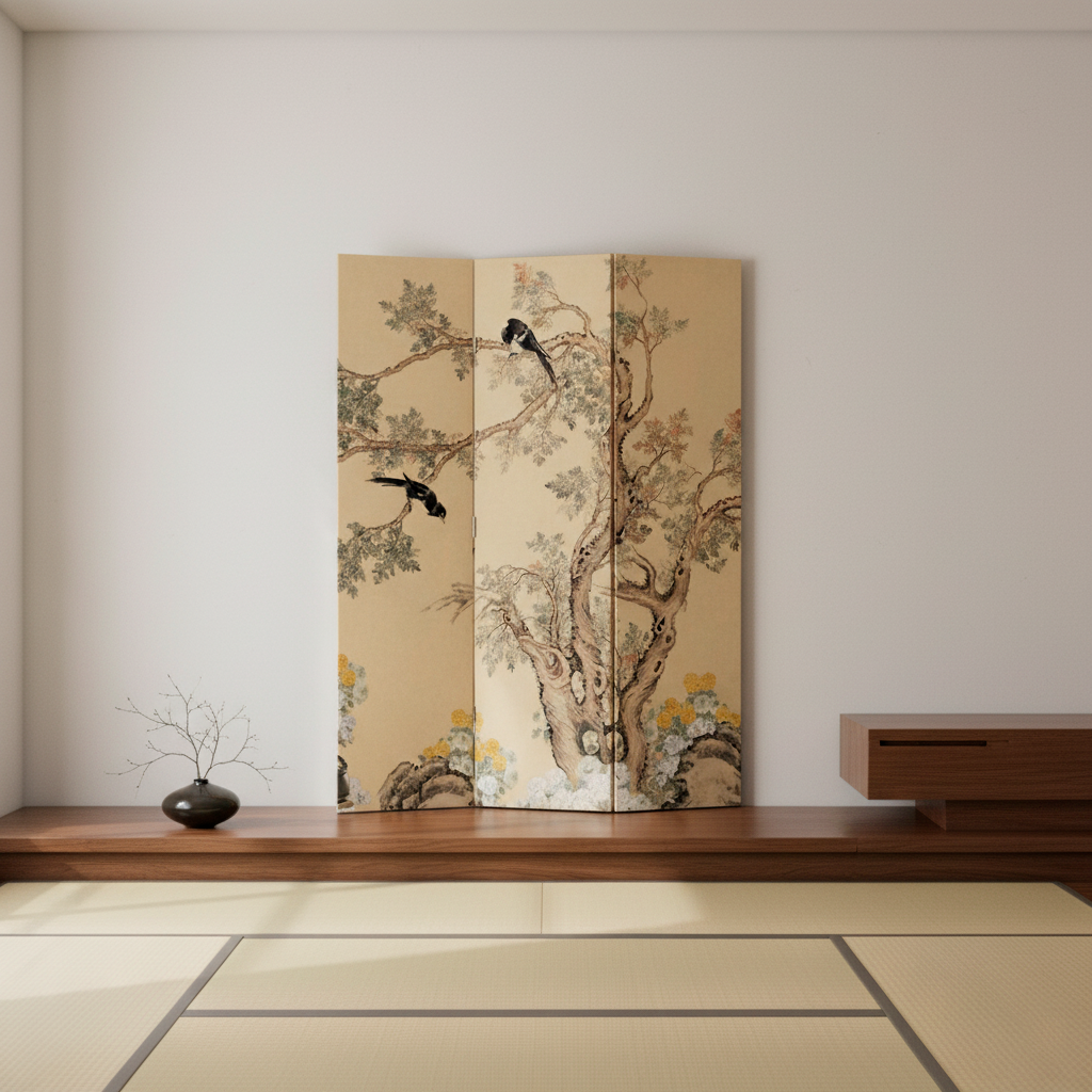 Elegant Folding Screen with Nature-Inspired Artwork
