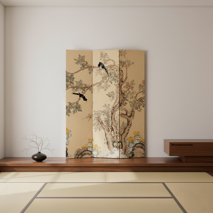 Elegant Folding Screen with Nature-Inspired Artwork