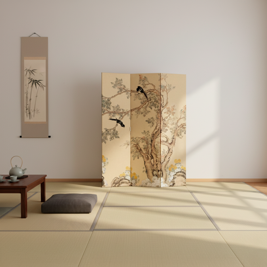 Elegant Folding Screen with Nature-Inspired Artwork