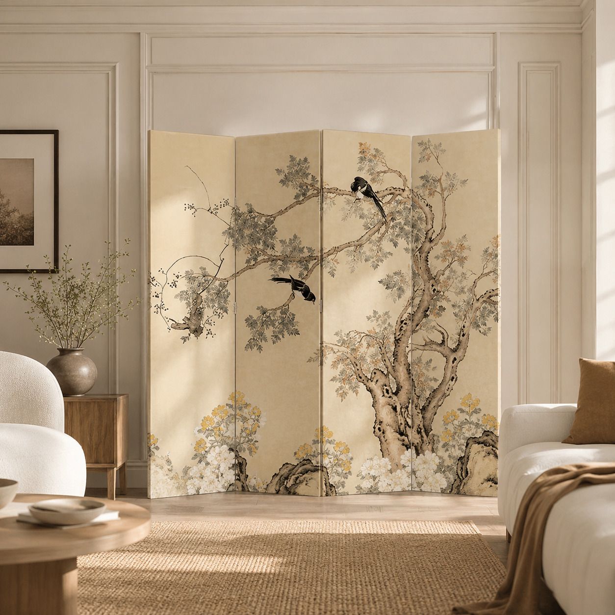 Elegant Folding Screen with Nature-Inspired Artwork