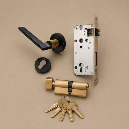 Stylish Ergonomic Brass Door Handle Set in Matte Black Finish