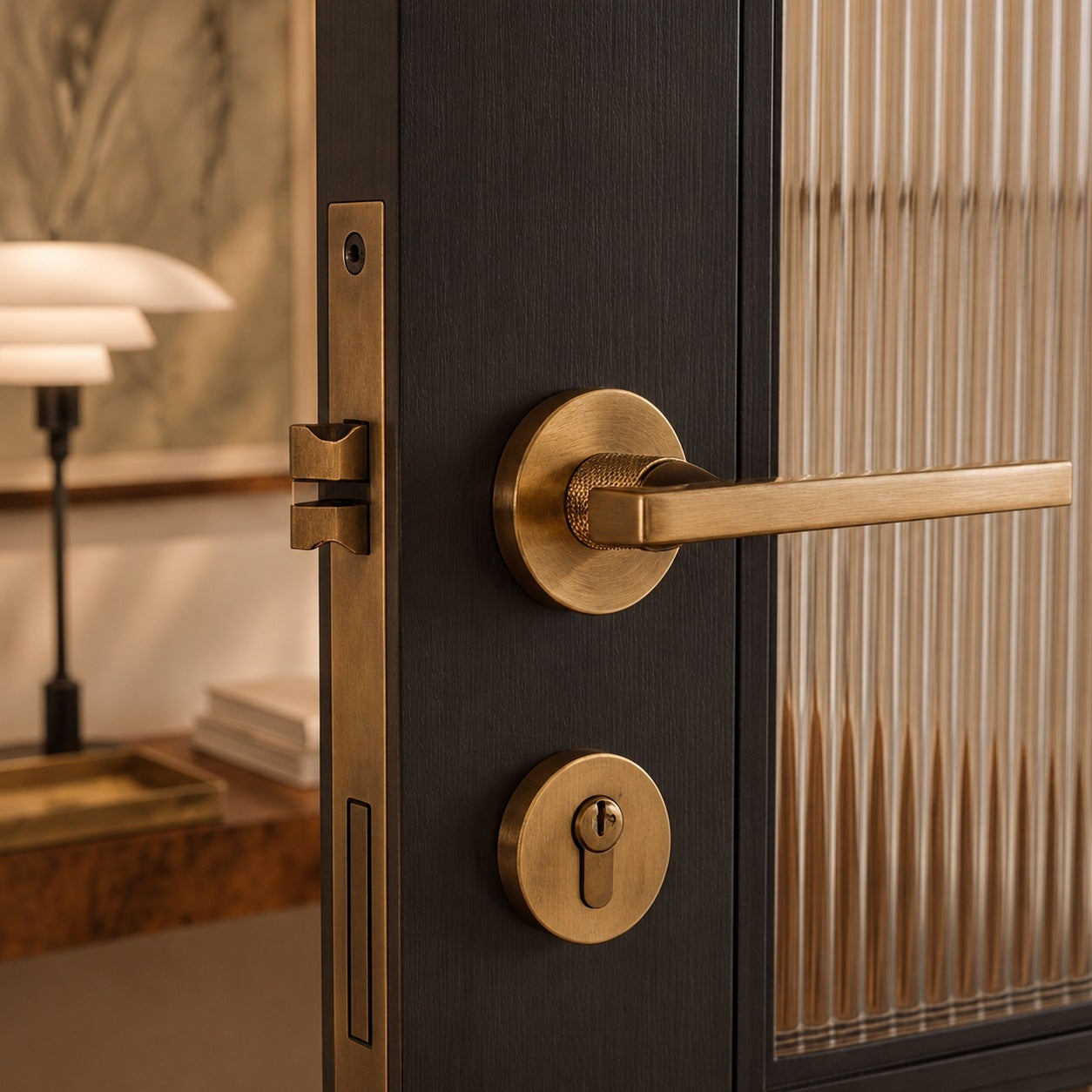 Stylish Ergonomic Brass Door Handle Set in Matte Black Finish
