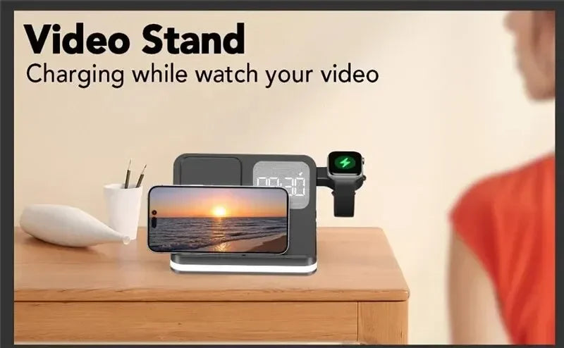 Wireless Charging Station with LED Clock – 6 Functions