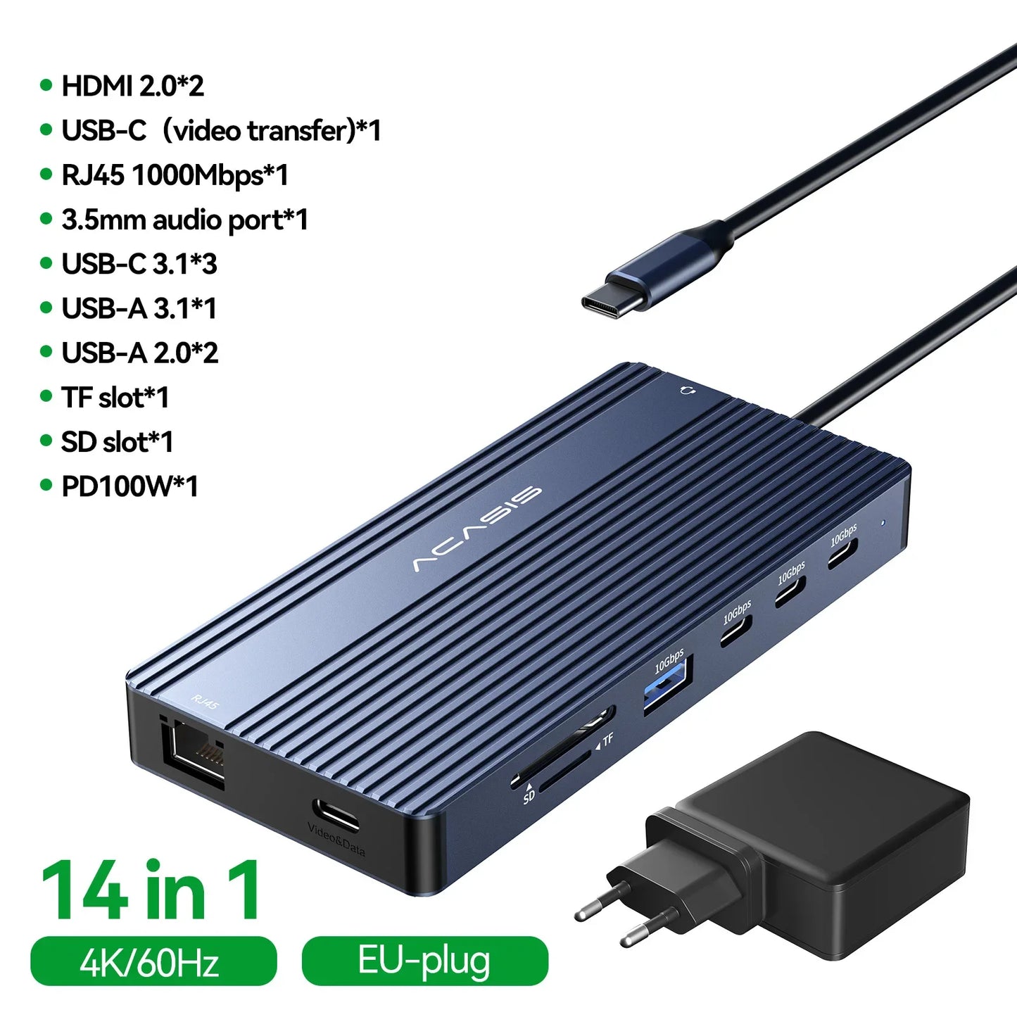 14-Port Docking Station with 1 USB-C and 13 USB-A Connectors