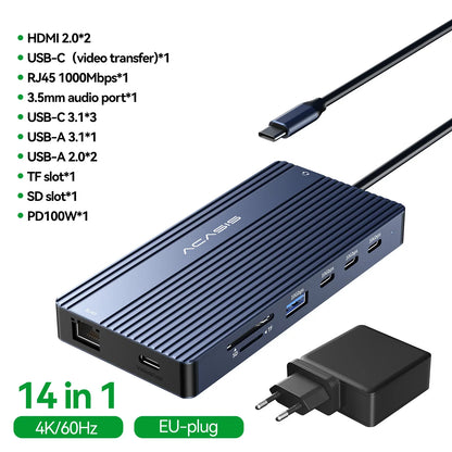 14-Port Docking Station with 1 USB-C and 13 USB-A Connectors