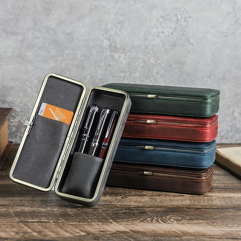 Leather Pen Holder with Three Compartments in Vintage Design