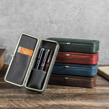 Leather Pen Holder with Three Compartments in Vintage Design
