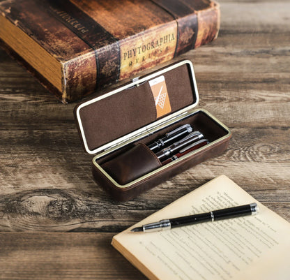 Leather Pen Holder with Three Compartments in Vintage Design