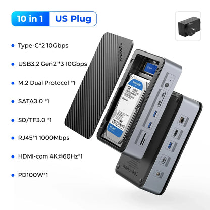 USB Hub with 10 Ports and Multiple Connection Options