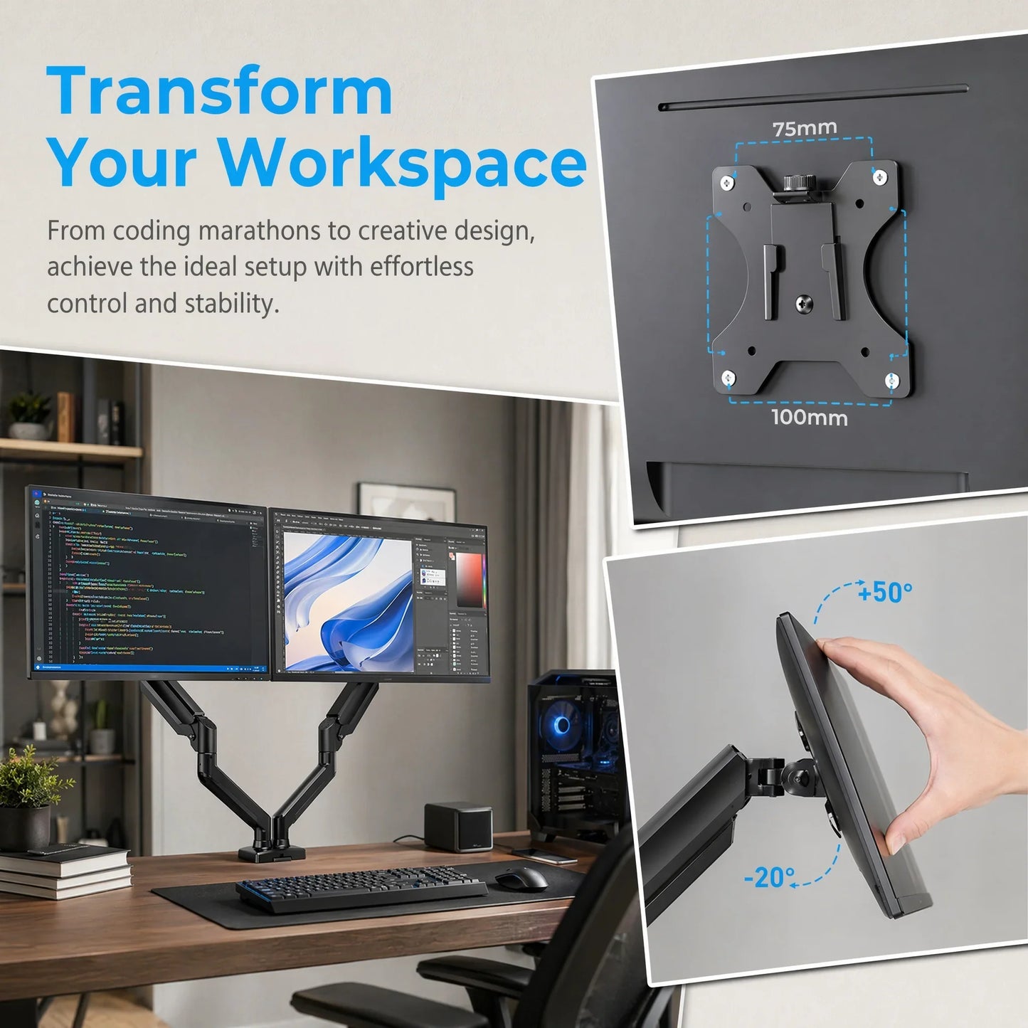33-Inch Dual Monitor Stand with Adjustable Arms