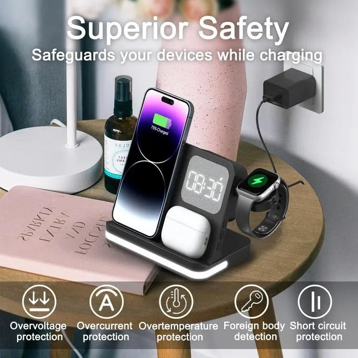 Wireless Charging Station with LED Clock – 6 Functions