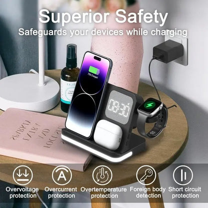 Wireless Charging Station with LED Clock – 6 Functions