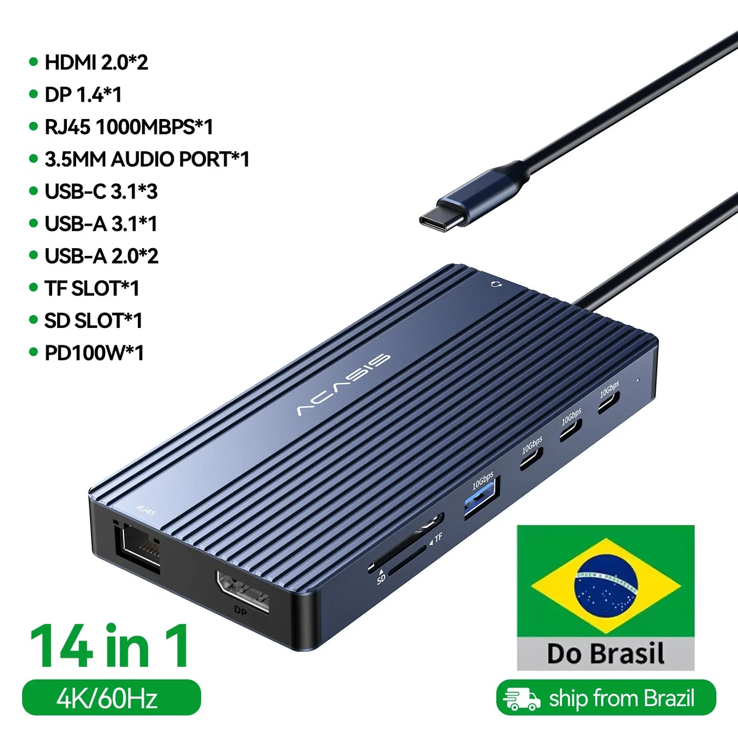 14-Port Docking Station with 1 USB-C and 13 USB-A Connectors