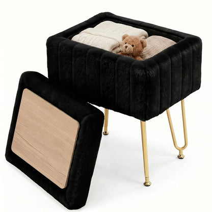 Vanity Stool with Faux Fur Upholstery for Storage
