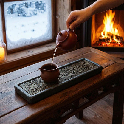 Tea Serving Tray in Volcanic Basalt with Dragon Design