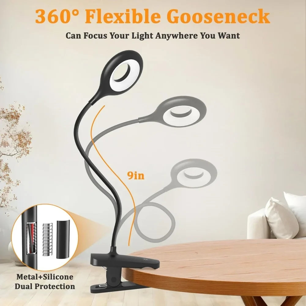 Portable Desk Lamp with Clip and Rechargeable Battery