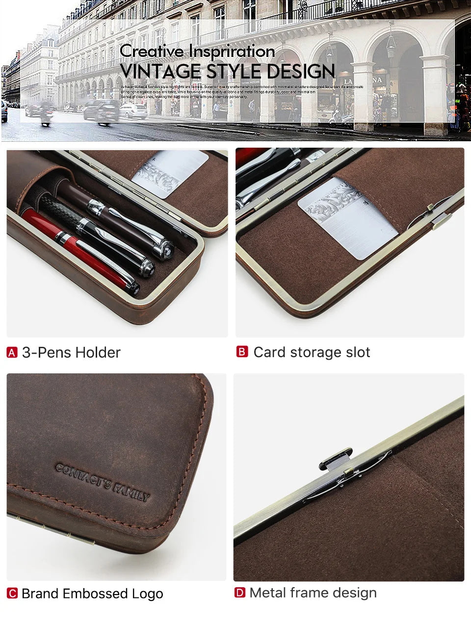 Leather Pen Holder with Three Compartments in Vintage Design