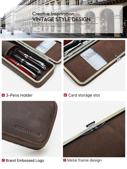 Leather Pen Holder with Three Compartments in Vintage Design