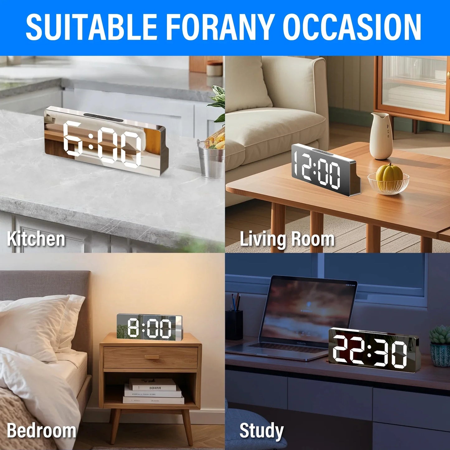 LED Display Alarm Clock with Mirrored Finish