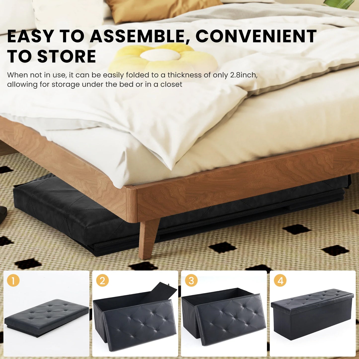 Foldable Ottoman with Leather Finish for Storage