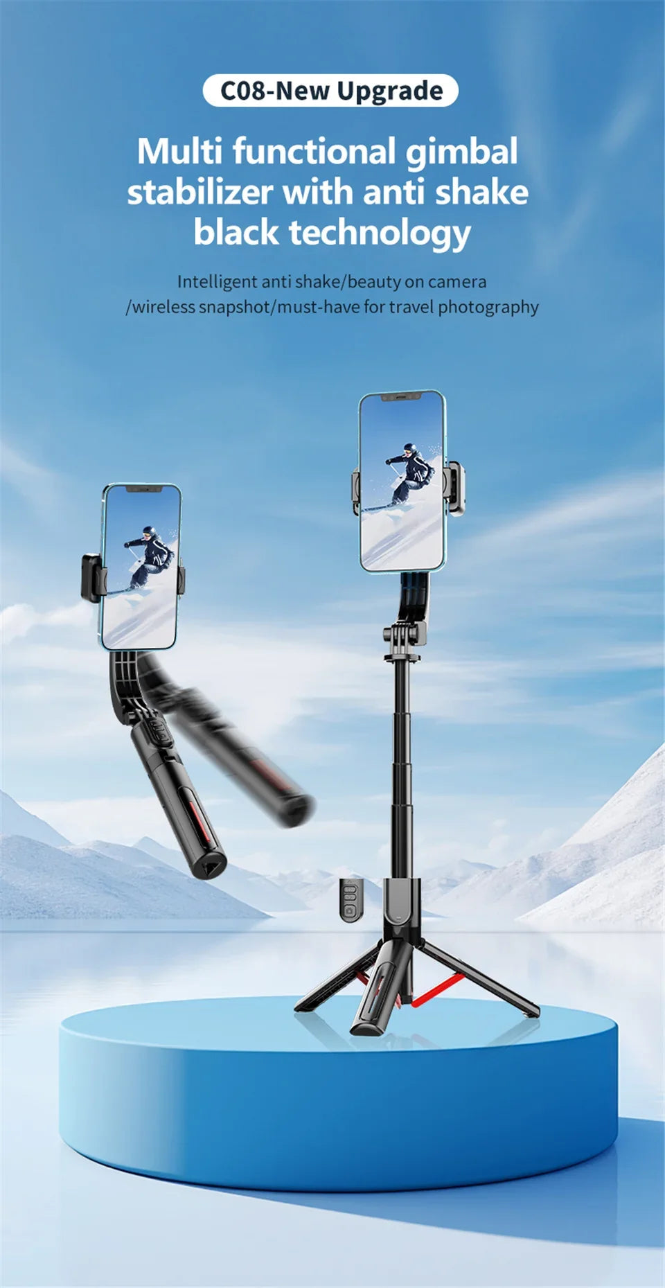 Wireless Gimbal Tripod Stabilizer with Bluetooth Connectivity
