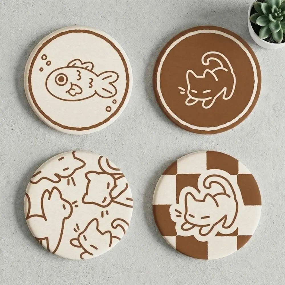 Diatomaceous Earth Coaster with Cartoon Cat Design