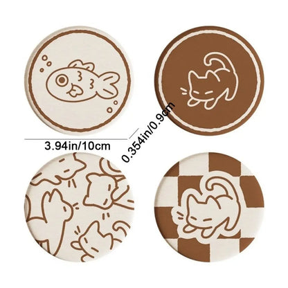 Diatomaceous Earth Coaster with Cartoon Cat Design