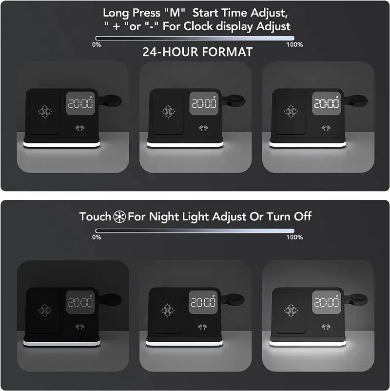 Wireless Charging Station with LED Clock – 6 Functions