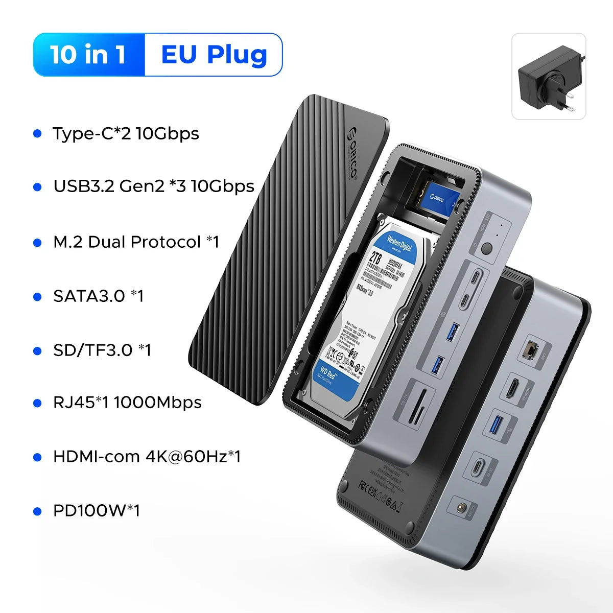 USB Hub with 10 Ports and Multiple Connection Options