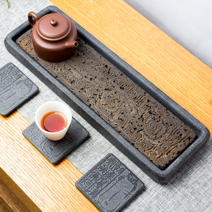 Tea Serving Tray in Volcanic Basalt with Dragon Design