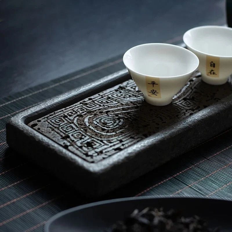 Tea Serving Tray in Volcanic Basalt with Dragon Design
