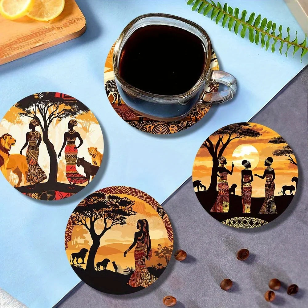 Set of Wooden Coasters with Tribal Design