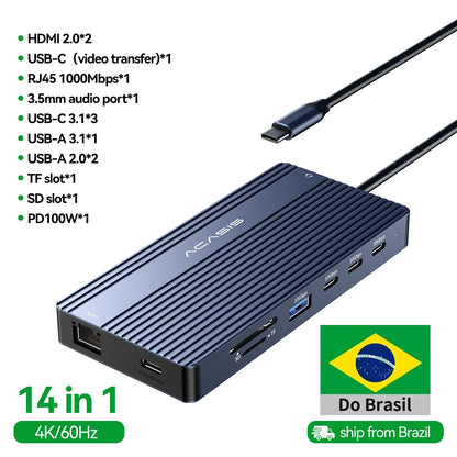 14-Port Docking Station with 1 USB-C and 13 USB-A Connectors