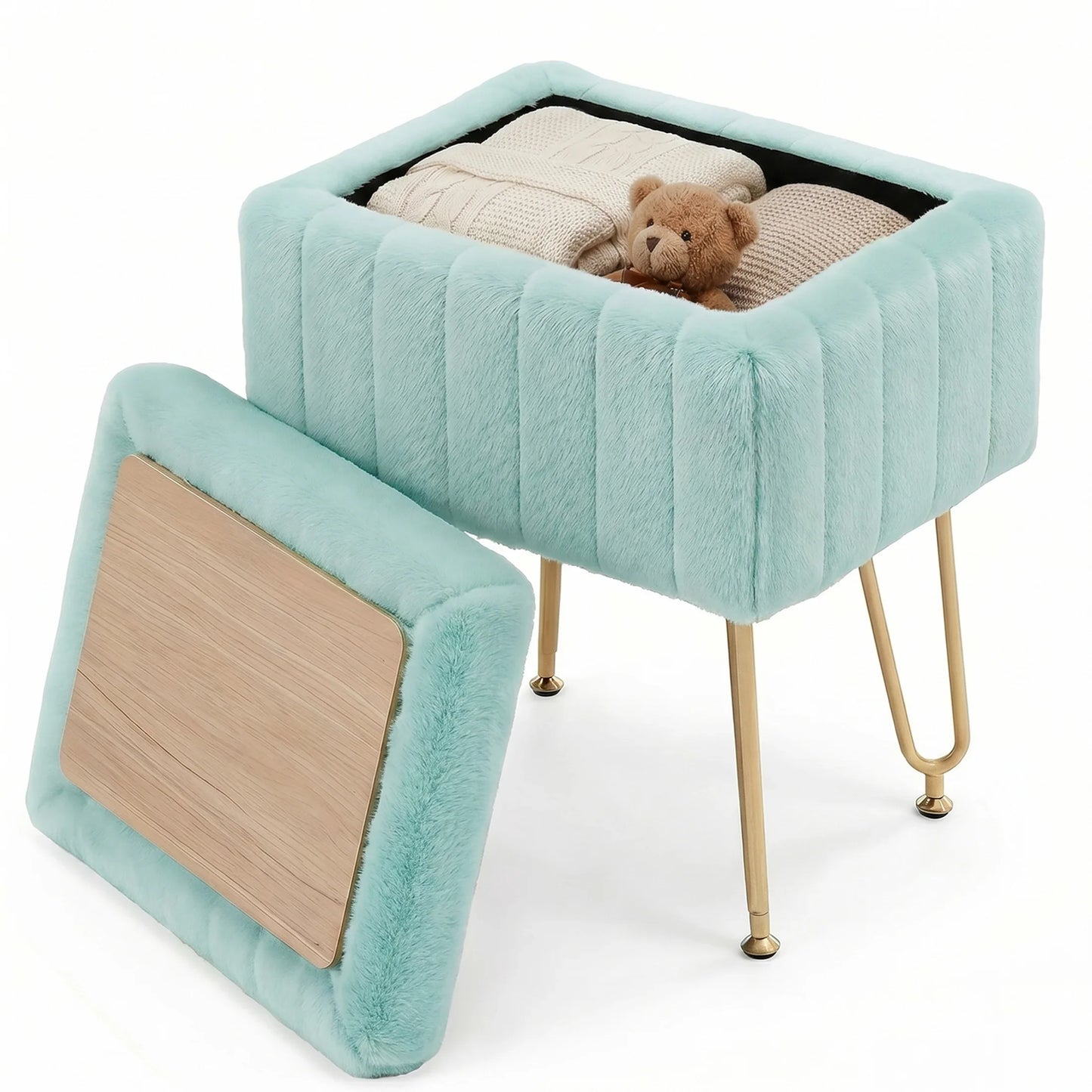 Vanity Stool with Faux Fur Upholstery for Storage