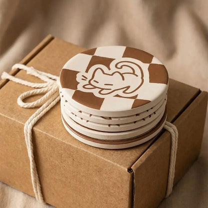 Diatomaceous Earth Coaster with Cartoon Cat Design