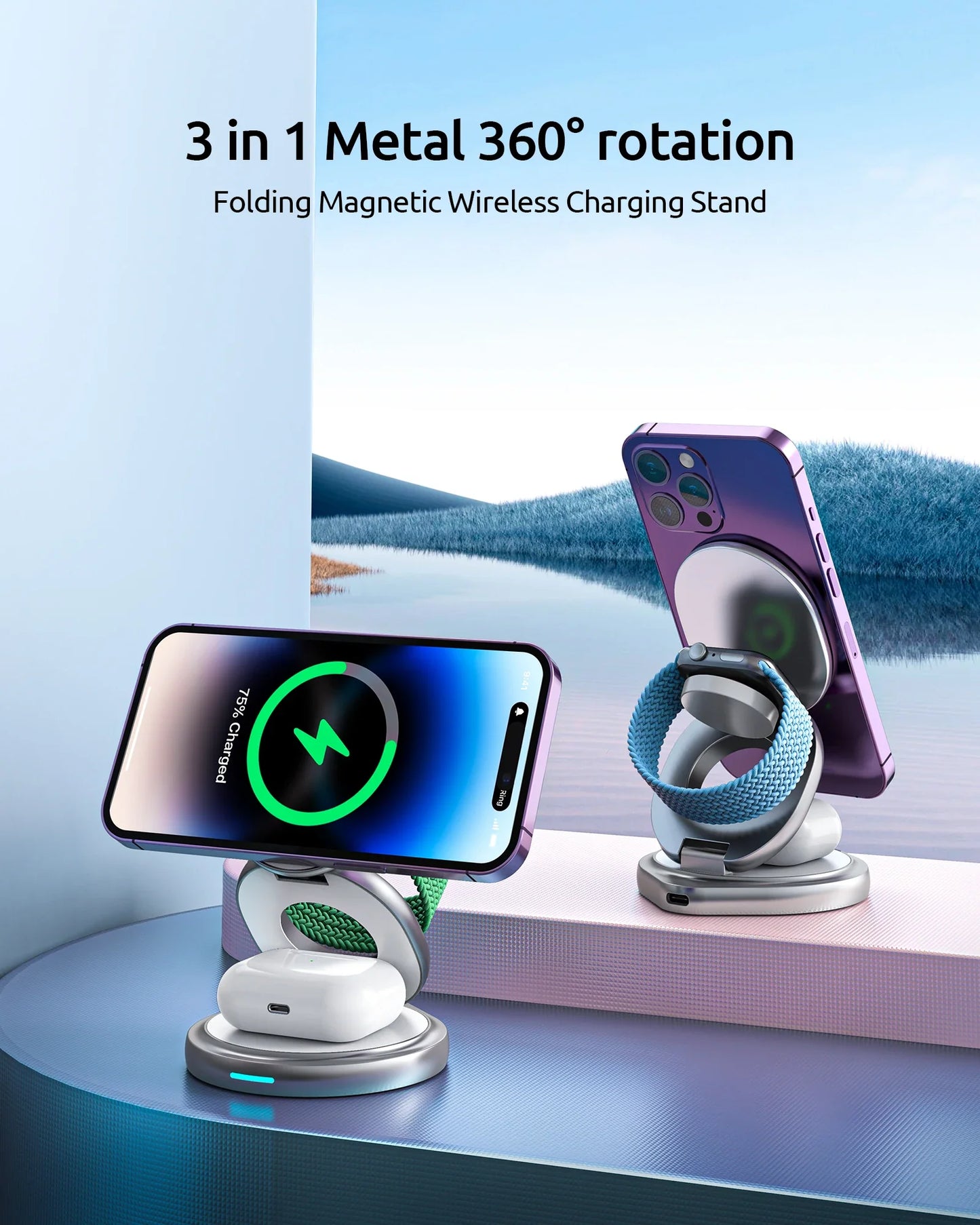 Magnetic Charging Stand with 3-in-1 Rotating Features