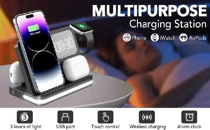 Wireless Charging Station with LED Clock – 6 Functions