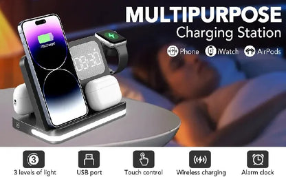 Wireless Charging Station with LED Clock – 6 Functions