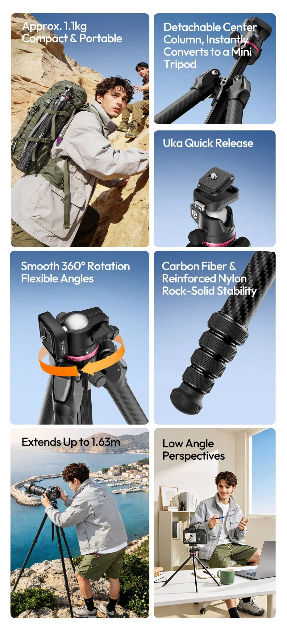 Carbon Fiber Tripod and Monopod Combo - 2-in-1 Design