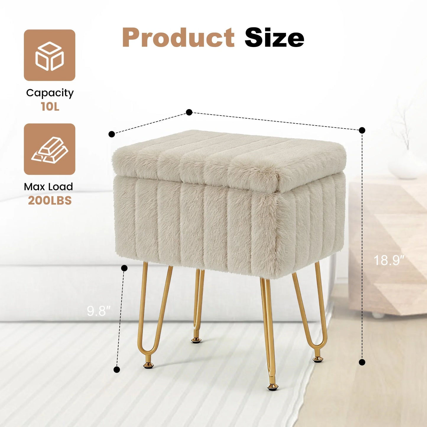 Vanity Stool with Faux Fur Upholstery for Storage