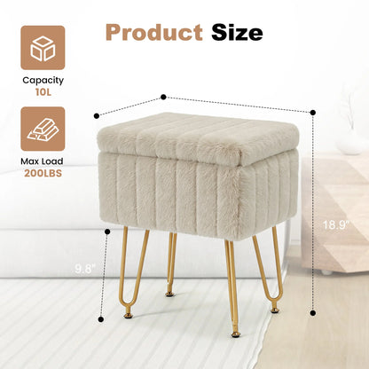 Vanity Stool with Faux Fur Upholstery for Storage